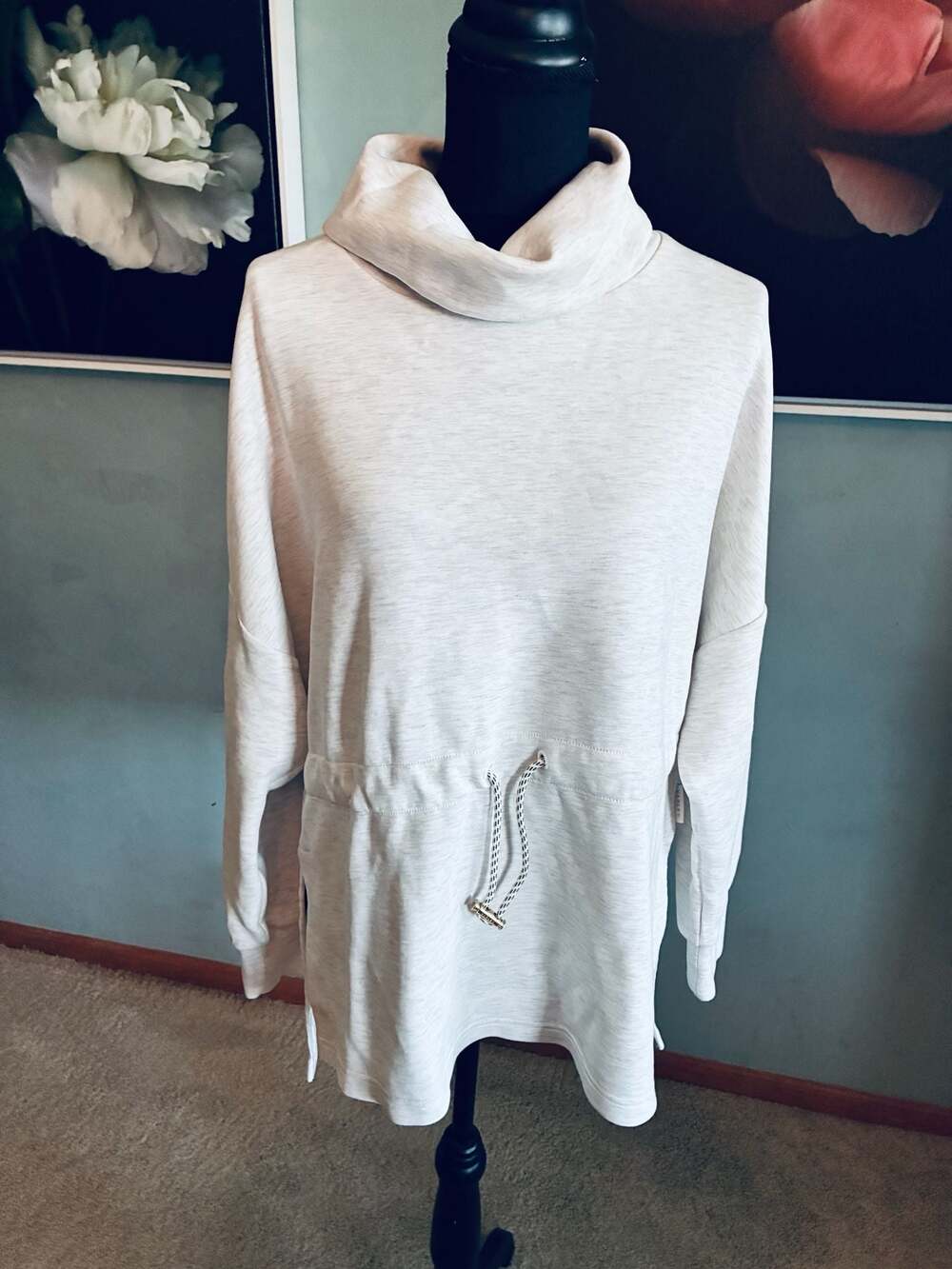 Varley Vine Sweatshirt Heathered Cream Cowl Neck Drawstring Waist Sz XL A476